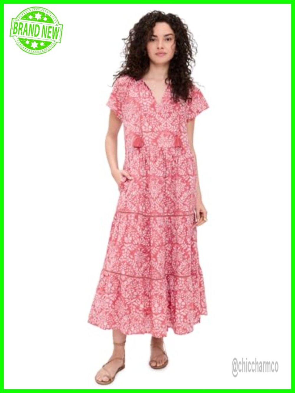 Marea Breakers Floral Maxi Dress Lace Trim Tassel Accent Casual